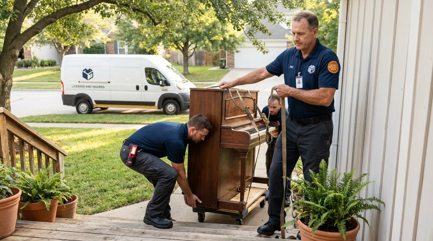 Licensed piano movers securing grand piano in Heppner, OR