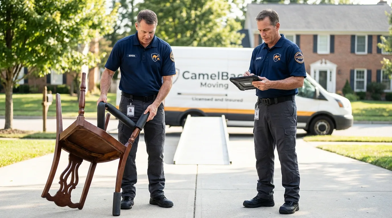 Movers inspecting furniture for damage prevention before loading in Heppner, OR
